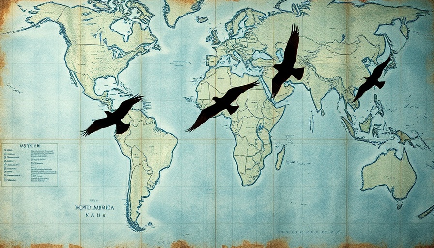 Migration Routes Evolve: Textured map with migratory birds on book cover