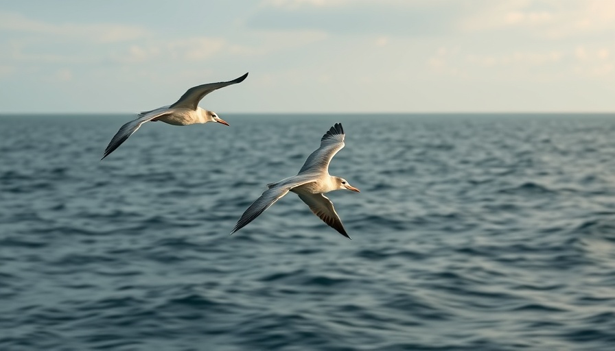 Migratory birds flying in formation over the ocean