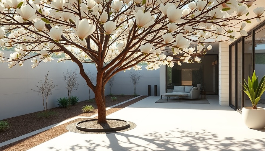 Elegant backyard design around a magnolia tree, modern home.