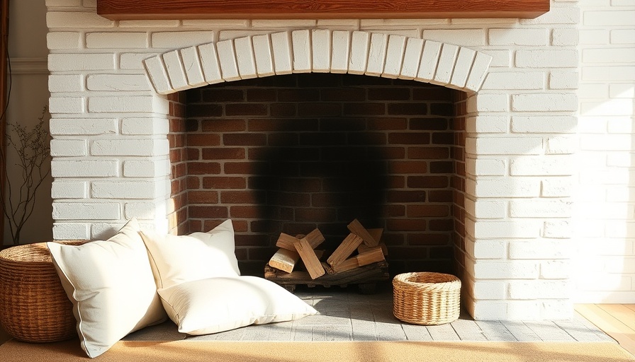 Whitewashed brick fireplace with iron cover and cozy decor.