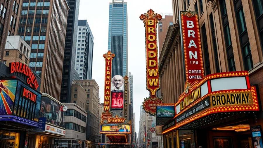 Broadway theater signs amid bustling city buildings.