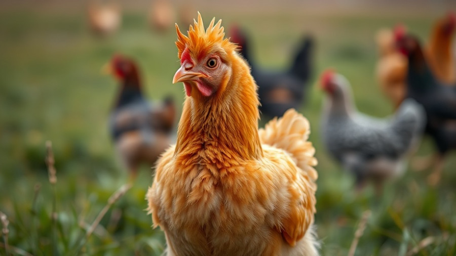 Fluffy orange chicken standing in field, diseases in chickens context.