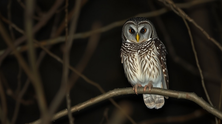 Speckled owl in a dark forest, showcasing quirky words for patterned birds.
