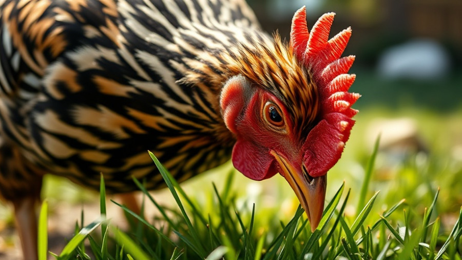 Close-up of a chicken pecking at grass, symbolizing Georgia bird flu outbreak.