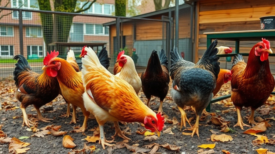 Colorful chickens in an urban coop surrounded by autumn leaves.