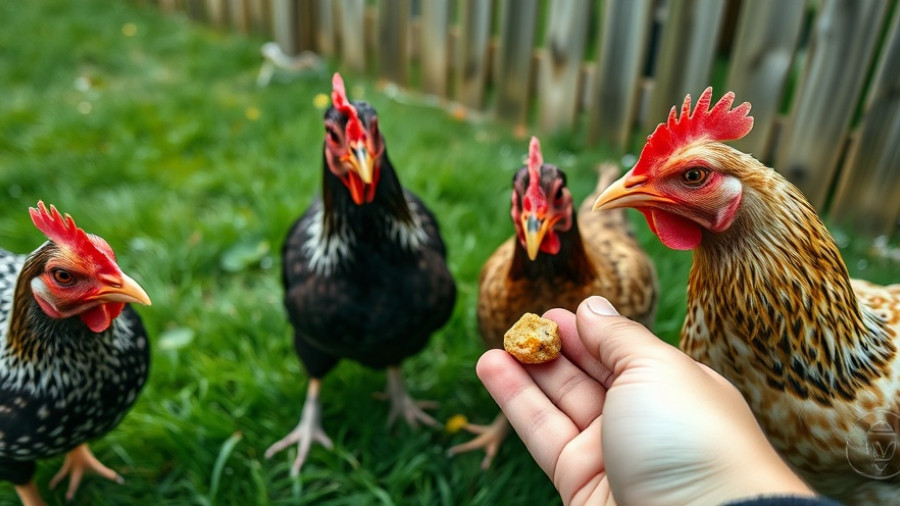 Chickens interact with food in backyard, pecking from hand.