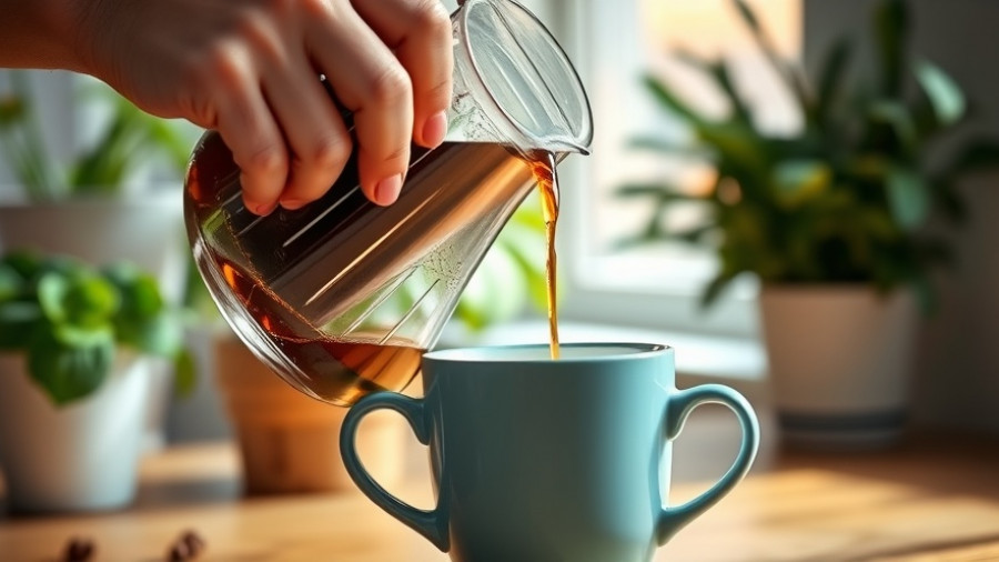 Pouring coffee from a carafe into a mug, home setting with plants.