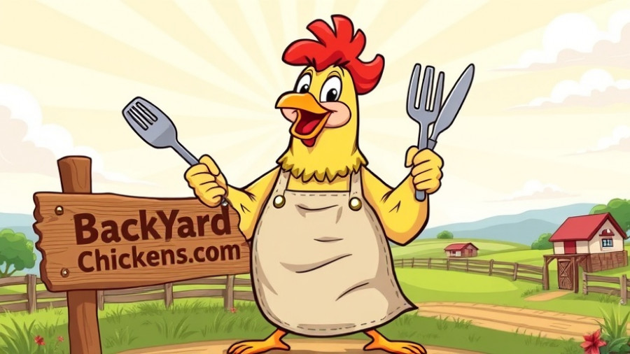 Cartoon chicken in apron with funny expression, sunny farm background.