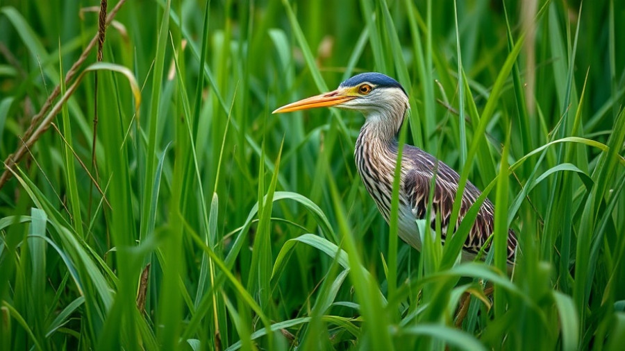 American Bittern camouflaged in tall green grass.