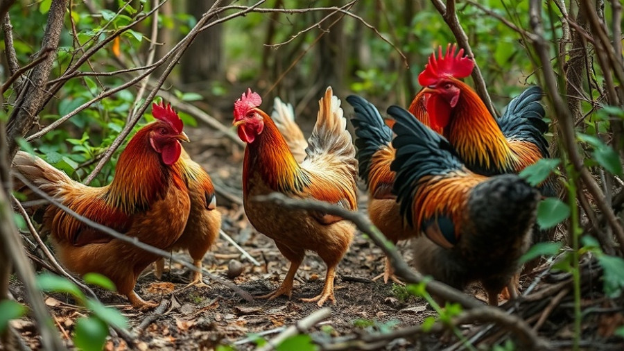 Chickens in nature exploring a forest environment.