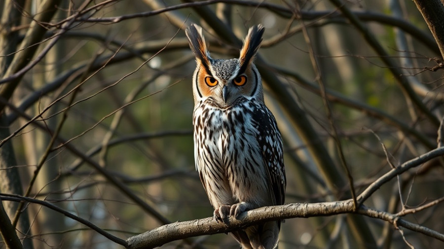 Long-eared owl on a branch with intense gaze, owl sounds study.