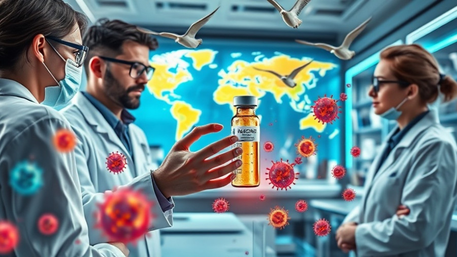 Scientists with universal bird flu vaccine concept in lab setting.