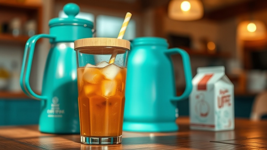 Glass of iced coffee with bamboo lid next to blue coffee maker and milk carton.