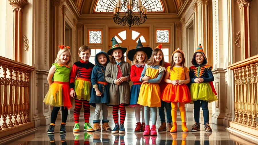 Children in Halloween costumes posing together, ornate background.