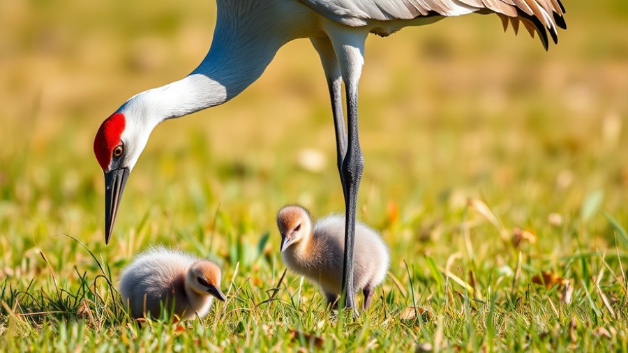 Mississippi Sandhill Crane with chicks in natural habitat.