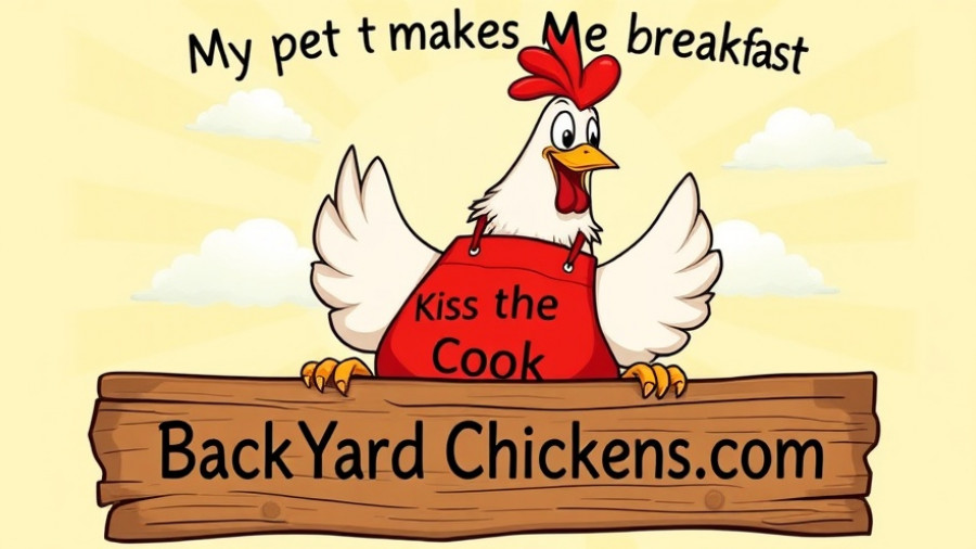 Cartoon chicken with apron by Backyard Chickens logo.