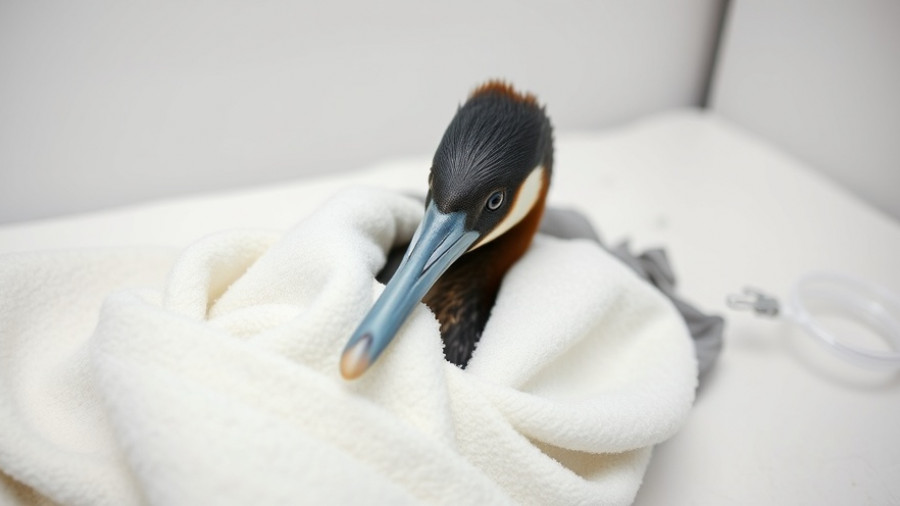 Great crested grebe rescue scene with bird in towel.