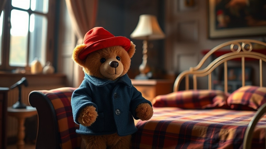 Teddy bear in theatrical scene next to a bed represents Macy's Thanksgiving Day Parade Broadway Performances.