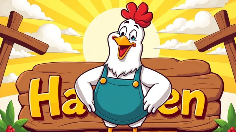 Backyard chickens cartoon banner with cheerful chicken wearing an apron, sunny background.