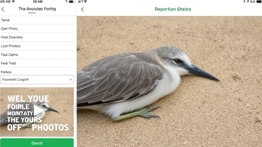 FWC Avian Mortality Reporting App interface showing form and photo upload.