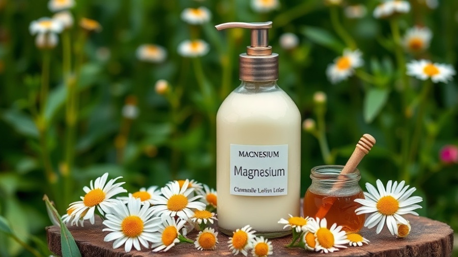 DIY magnesium lotion and chamomile flowers in garden setting.