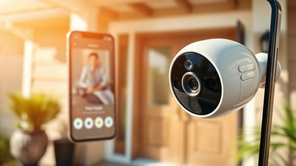 Smart home security innovation with camera and app display.