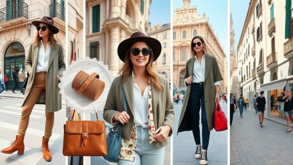 Collage of stylish outfits and accessories for packing light for Italy.