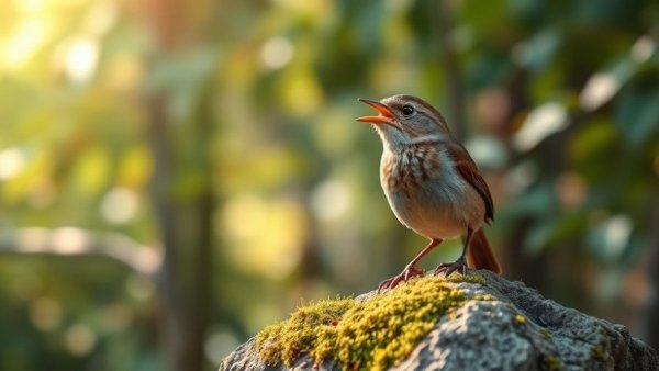 Rare wren in southern Mexico forest singing on mossy rock.