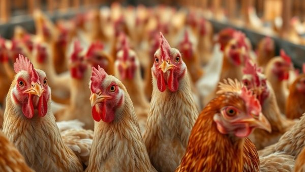 Close-up of chickens in a poultry farm during bird flu outbreak