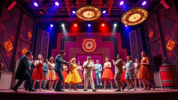 Dirty Rotten Scoundrels cast in vibrant 1950s-style stage performance.