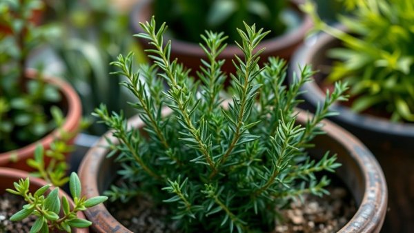Lush rosemary plant in an outdoor garden.