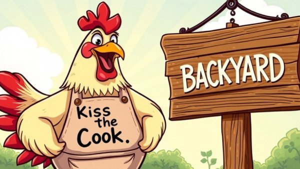 Cartoon chicken with 'Kiss the Cook' apron, BackyardChickens.com sign.