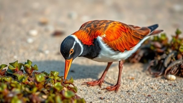 Ruddy Turnstone Bird foraging on shore with seaweed.