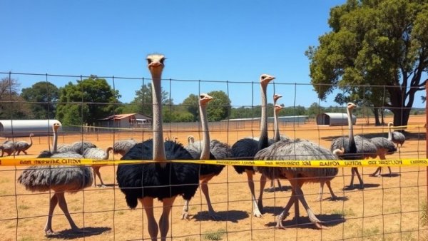 Ostrich farm under caution tape due to avian flu cull in Canada.