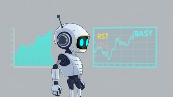 Futuristic robot near abstract data graph in cartoon style.