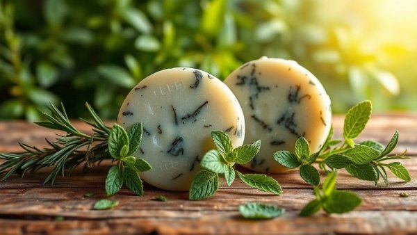 Handcrafted rosemary peppermint energizing soap with fresh herbs.