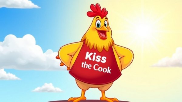Cartoon chicken with a red apron in a sunny backdrop related to building coop permission.
