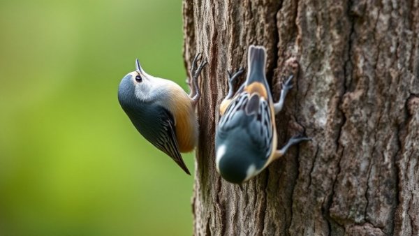 Clever nuthatches skillfully climbing down a tree trunk headfirst.