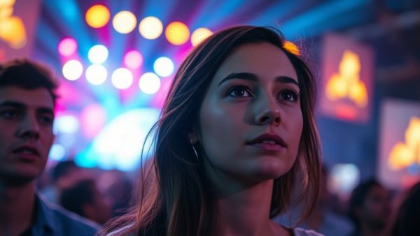 Broadway magic in London: Young woman mesmerized at a concert.