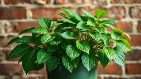 Vibrant pothos in green pot against rustic brick wall.