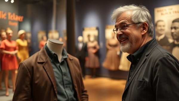 Enthusiastic man in museum with black musical theater exhibit.