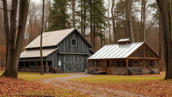 Rustic barn and greenhouse amidst trees depicting a mixed flock journey.