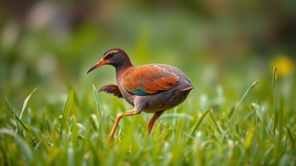 Virginia Rail walking on green grass in natural habitat.