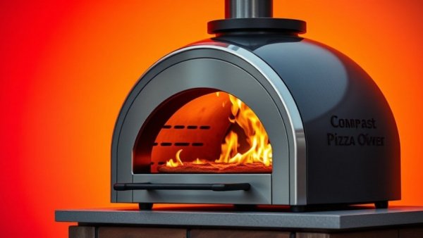 Compact outdoor pizza oven with flames and chimney.