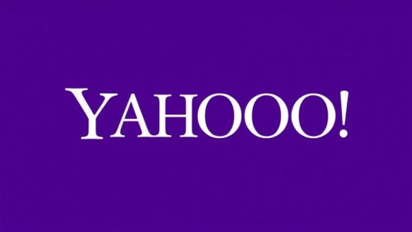 Yahoo logo on a purple background, bold design.