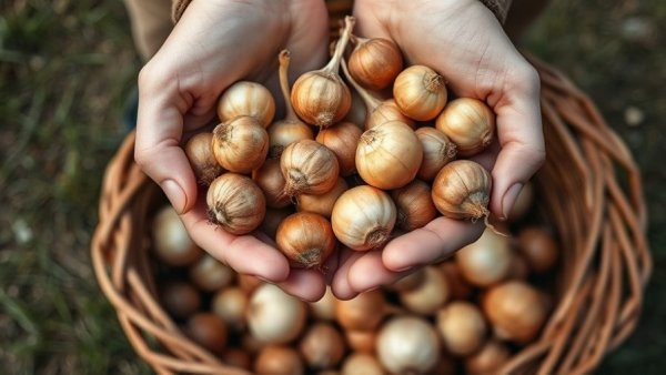 Hands holding flower bulbs for stinzen planting with a basket.