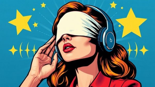Pop art woman in blindfold, headphones, sound waves.