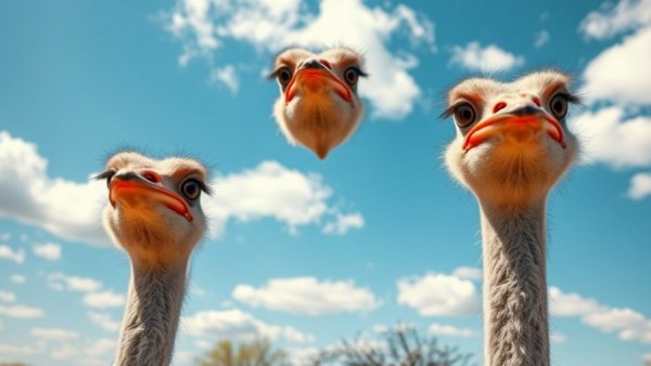 Two curious ostriches observing the surroundings under a blue sky, B.C. ostrich HPAI depopulation.