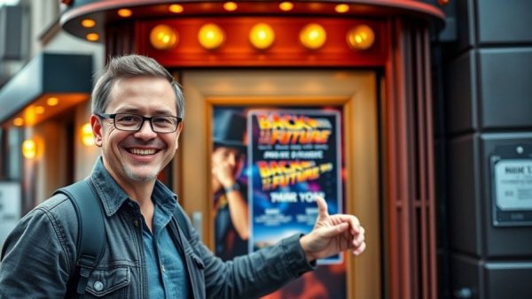 Person pointing at 'Back to the Future' musical stage door, lively theatre setting.