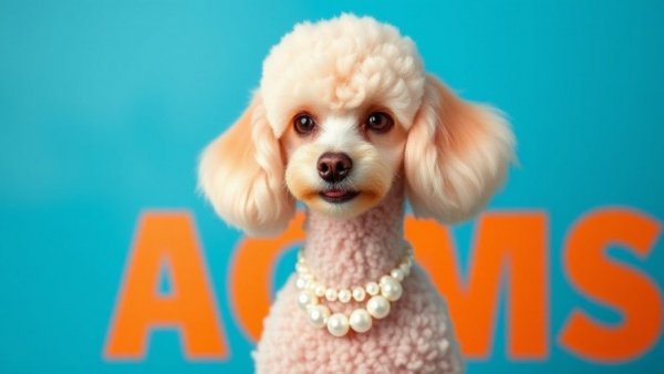 Glamorous poodle with pearls posing confidently in front of bold text.